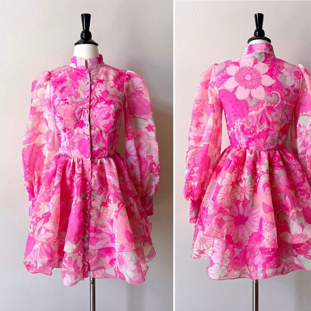 ASOS Luxe Tiered Mini Swing Dress 4 Pink Flower Power Daisy Chiffon Long Sleeves